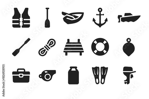Nautical icons: life jacket, paddle, boat, anchor, motorboat, pier, life ring, flippers