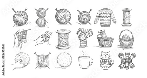 Hand drawn knitting essentials and cozy winter items with sketched yarn ball