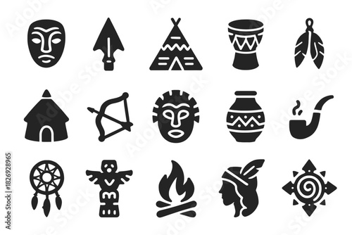 Indigenous culture symbols collection featuring masks, drums, tipi, arrow, and dreamcatcher