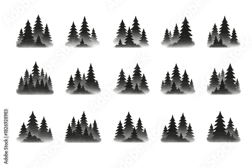 Monochrome silhouette forest pattern of evergreen trees in rows