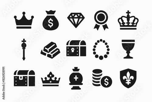 Royalty and wealth symbols: crowns, gems, coins, and treasure icons set