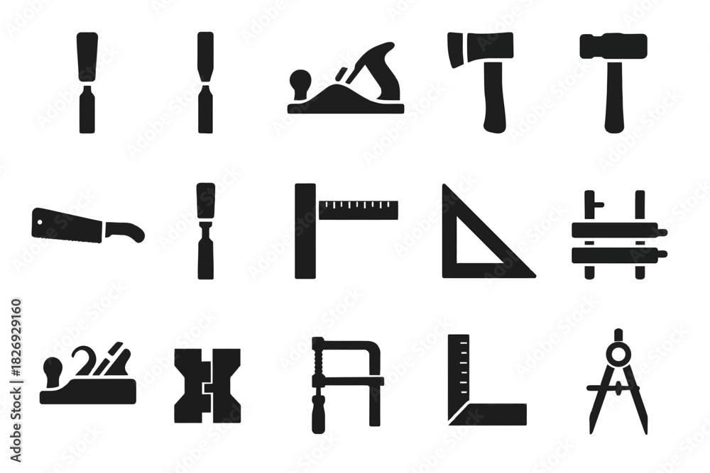 Obraz premium Set of black icon silhouettes of various woodworking tools