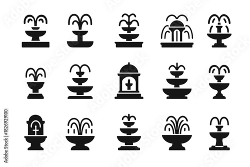 Set of various fountain icons displaying different designs and styles