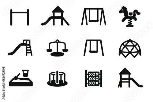 Playground equipment icons: swings, slides, climbing frames, sandbox, rocking horse