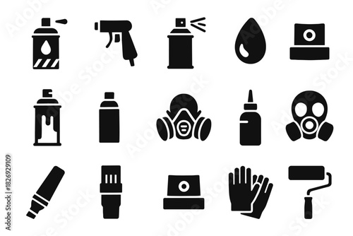 Set of black spray paint, mask, and painting tool icons