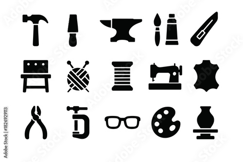 Collection of black silhouettes for various crafting tools and objects