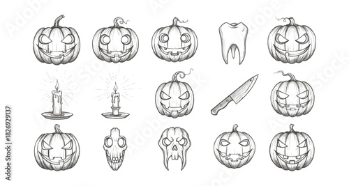 Halloween pencil drawings: jack-o'-lanterns, skulls, candle, knife, tooth