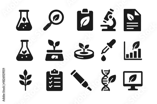 Set of ecology icons: scientific tools, plant growth, dna, and data analysis symbols