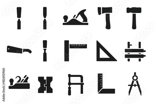 Set of black icon silhouettes of various woodworking tools