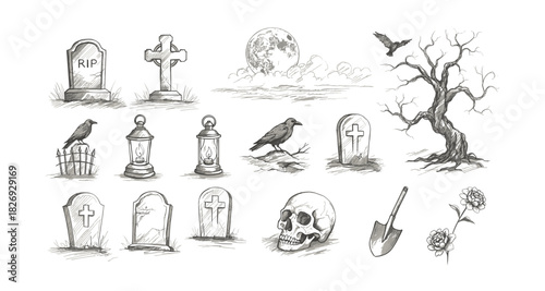 Spooky graveyard elements with tombstones, trees, and crows in sketch style