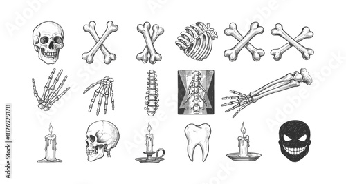 Hand drawn skeleton and skull icons with candles and teeth in a spooky halloween theme