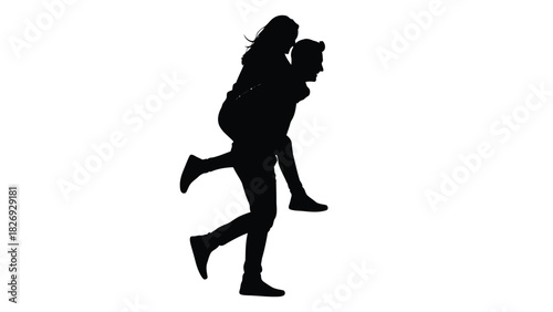 Silhouette of happy young couple running together with woman giving piggyback ride, playful romance and fun activity, clean vector art, isolated on white background