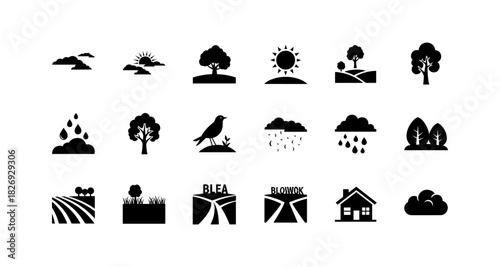 Nature icons set: minimalist black and white landscape elements