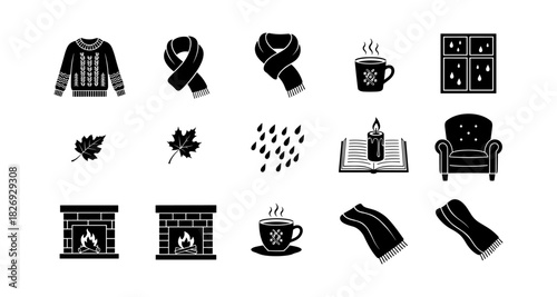 Cozy autumn icons set with sweaters, scarves, and warm beverages in black and white