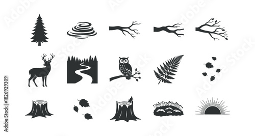 Nature icons set featuring forest animals, plants, and landscape silhouettes