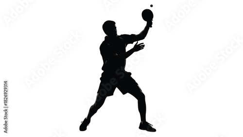 Male table tennis player silhouette serving a small ball high in the air, dynamic sports action pose, clean vector art, graphic design element, isolated on white background