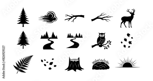 Nature silhouette set: trees, wildlife, and sunsets for design projects