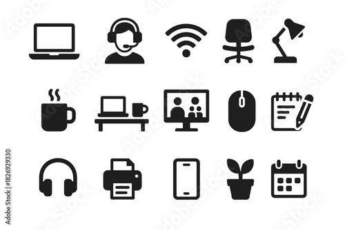Black icon set of remote work essentials including technology and office equipment