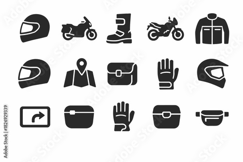 Motorcycle gear and accessories icons: helmets, boots, gloves, jackets, maps
