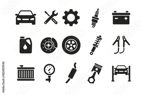 Car maintenance icons: tools, battery, parts, and equipment symbols