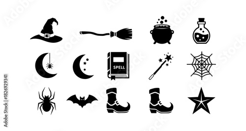 Halloween witchcraft icons set with hat, cauldron, and potion in black silhouette