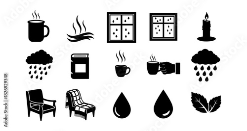 Cozy autumn silhouettes: rain, warm drinks, and hygge icons