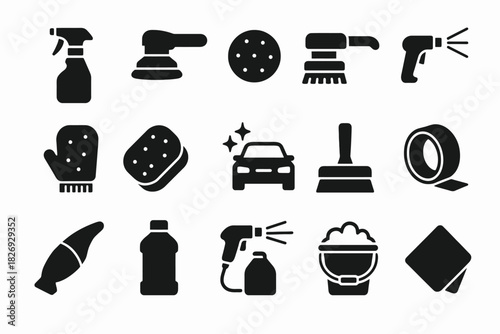 Car cleaning icons: tools, equipment, and care essentials