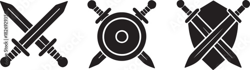 PrintThree crossed swords and shield icons for combat and defense