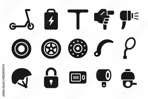 Electric scooter icons: battery, brake, helmet, lock, light, mirror, bell