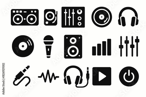 Black music icon set featuring speakers, headphones, microphone, and audio controls