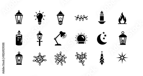 Elegant silhouette icons of lamps and decorative lights for design projects