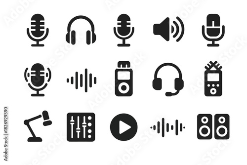 Audio equipment icons: microphones, headphones, sound wave, speaker, playback