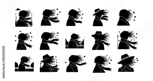 Silhouette of people in windy weather with scarves and hats