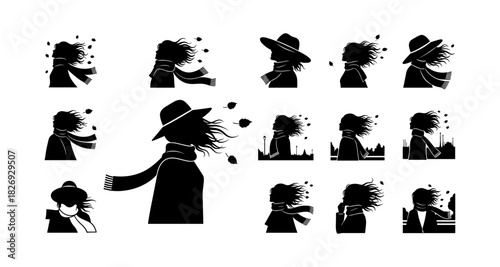 Silhouette of woman in windy autumn with scarf hat and flowing hair