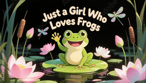 A vivid cartoon illustration of a frog sitting in a pond among water lilies and reeds and the inscription Just a girl who loves frogs. Vector graphics. EPS.