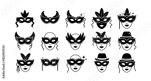 Elegant collection of carnival masks and hat silhouettes for festive designs