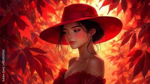 A young woman stands elegantly in a red outfit paired with a stylish hat. She poses gracefully in front of vivid red leaves, capturing the essence of autumn's beauty.
