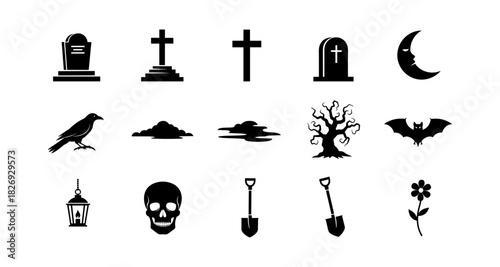 Halloween silhouettes: tombstones, crosses, and spooky symbols for seasonal design