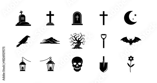Spooky halloween icons set featuring tombstones, crosses, and ghostly symbols in black silhouette style