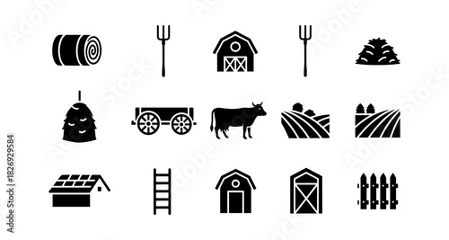 Farm icon set: barn, cow, hay, pitchfork, and more in classic silhouette style
