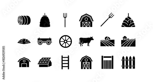 Farm icon collection: barn, cow, hay bale, pitchfork, rural landscape