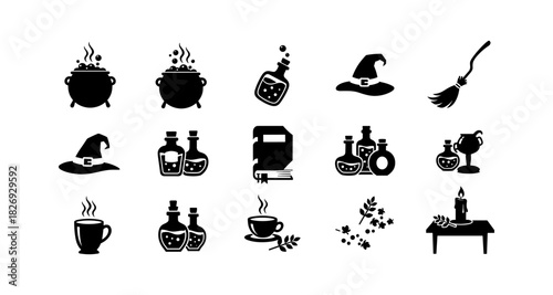 Mystical witchcraft icons: potion bottles, cauldron, spellbook, hat, and broom silhouettes