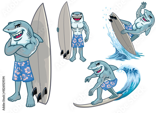 Cartoon Shark Surfer Characters on White Background