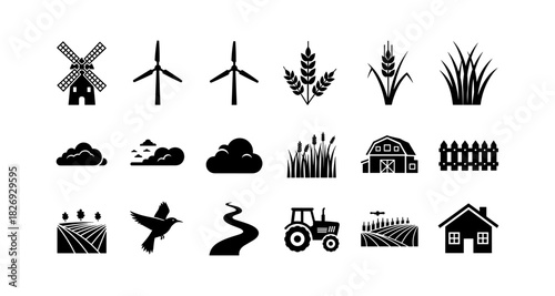 Rural landscape icons: farming, nature, and renewable energy silhouettes