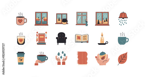 Cozy autumn elements: warm cups, rainy windows, and relaxing home decor