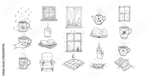 Cozy autumn delights: hand-drawn coffee mugs, books, and rainy windows