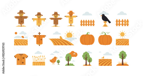Autumn harvest icons: scarecrows, pumpkins, and fields in flat design