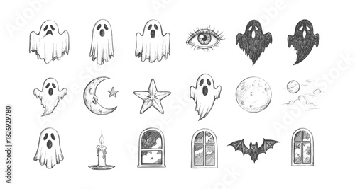 Hand drawn spooky halloween elements with ghosts and moon