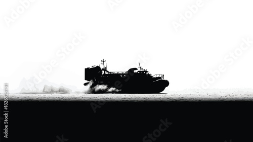 Black silhouette of a fast military hovercraft or landing craft moving quickly across water creating spray, high contrast graphic design, isolated on white background