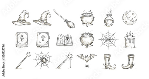 Hand-drawn halloween icons: witch hats, cauldrons, spiders, and magic elements